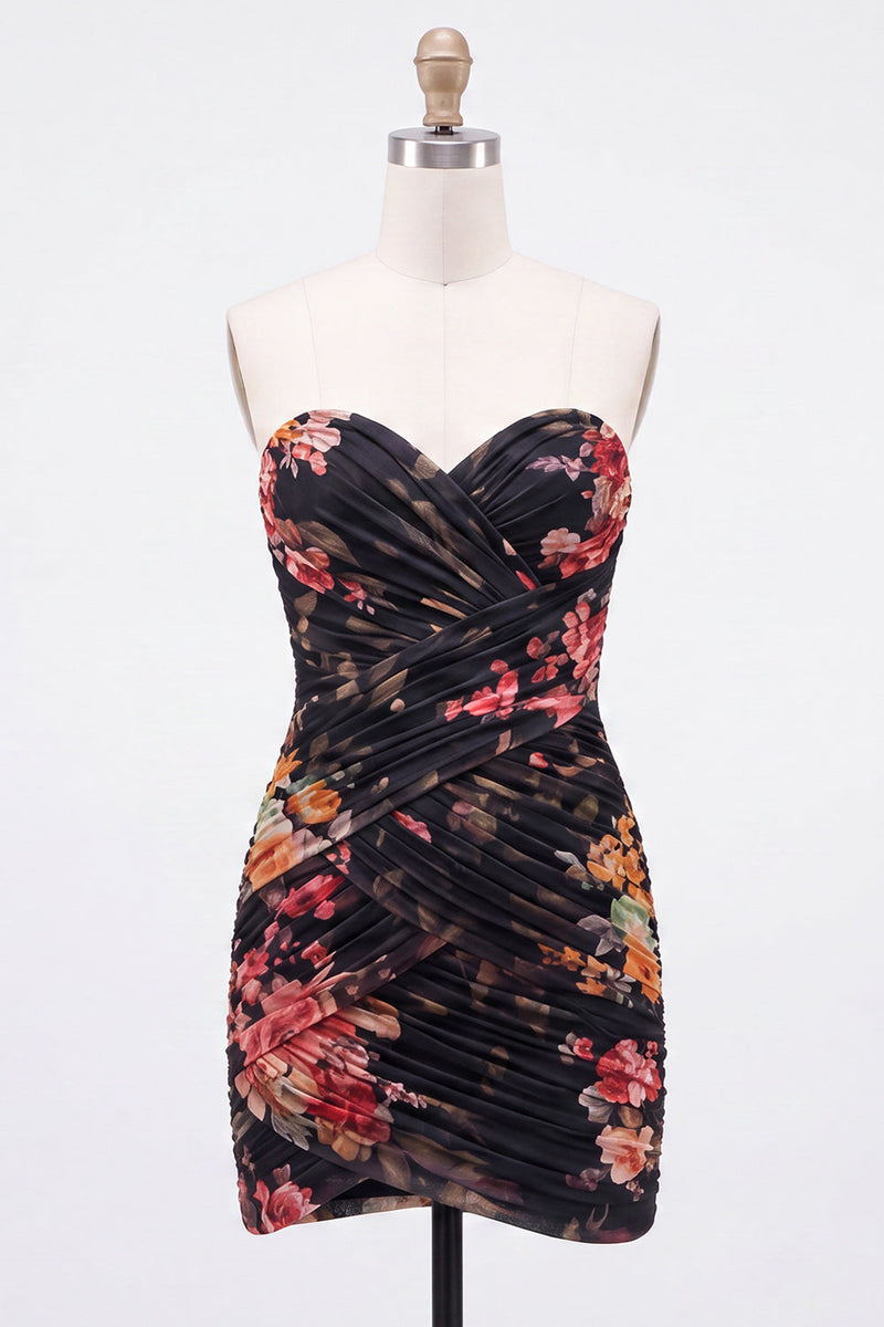 Laden Sie das Bild in den Galerie-Viewer, Schwarzes Sweetheart Gerafftes Blumen Bodycon Kurzes Abendkleid mit Schnürung hinten