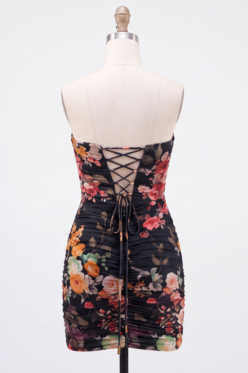 Laden Sie das Bild in den Galerie-Viewer, Schwarzes Sweetheart Gerafftes Blumen Bodycon Kurzes Abendkleid mit Schnürung hinten