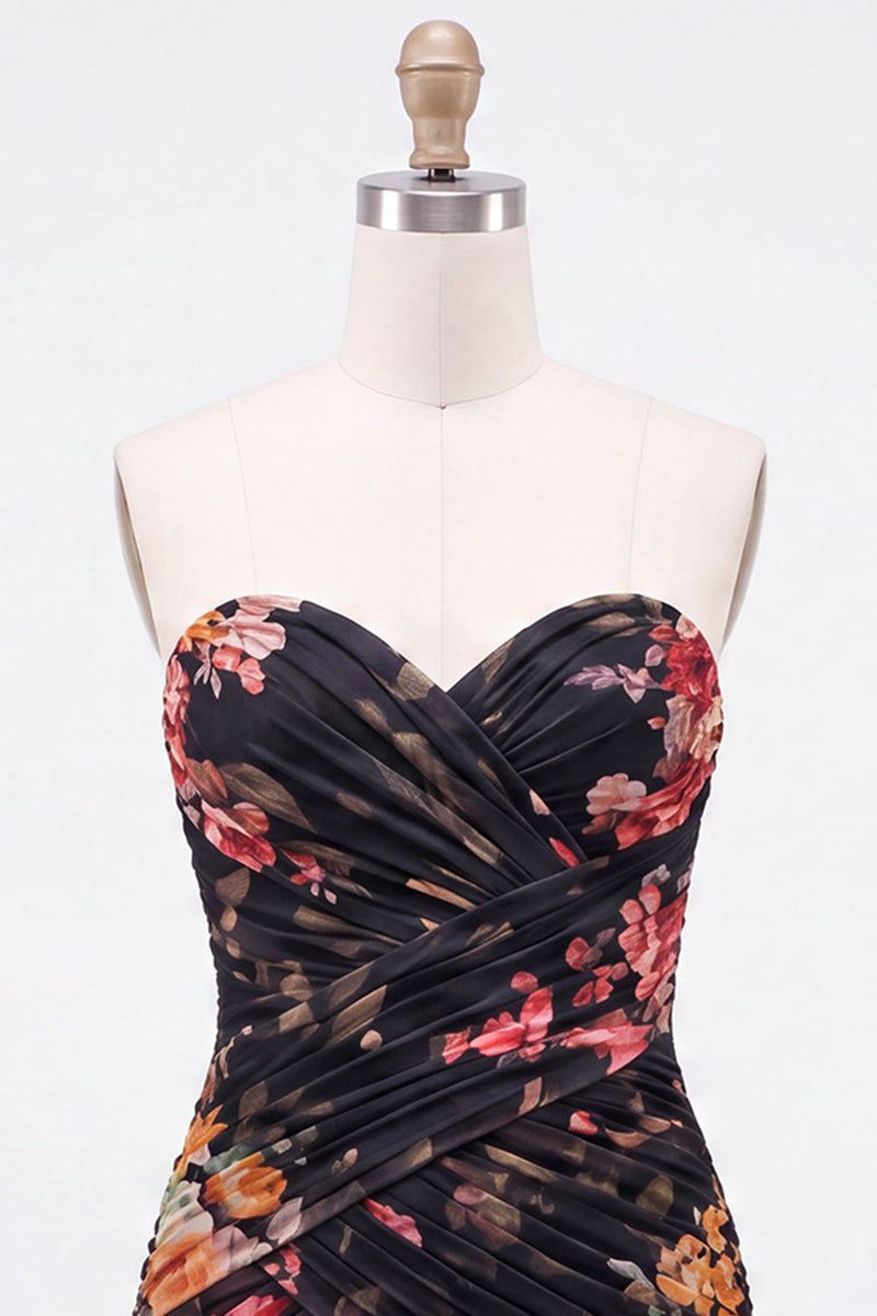 Laden Sie das Bild in den Galerie-Viewer, Schwarzes Sweetheart Gerafftes Blumen Bodycon Kurzes Abendkleid mit Schnürung hinten