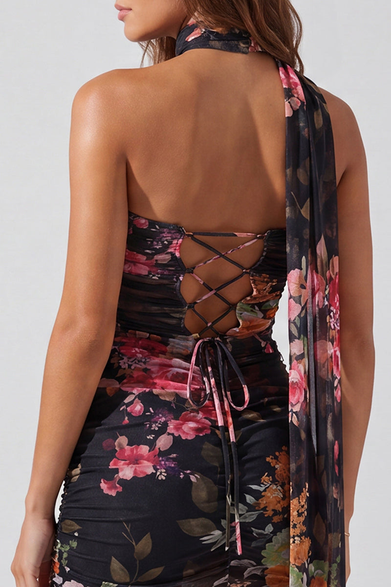 Laden Sie das Bild in den Galerie-Viewer, Trägerloses Elfenbein Florales Bodycon Kurzes Abendkleid mit Schnürung auf dem Rücken