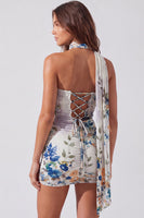 Laden Sie das Bild in den Galerie-Viewer, Trägerloses Elfenbein Florales Bodycon Kurzes Abendkleid mit Schnürung auf dem Rücken