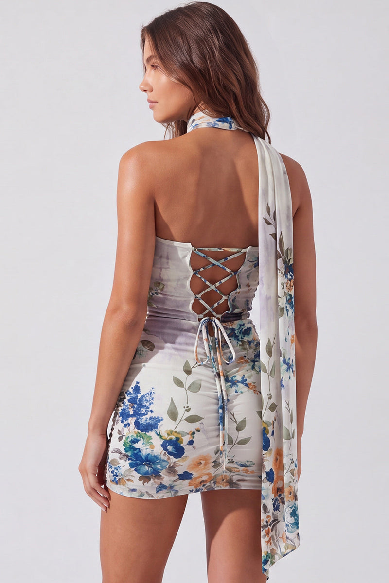 Laden Sie das Bild in den Galerie-Viewer, Trägerloses Elfenbein Florales Bodycon Kurzes Abendkleid mit Schnürung auf dem Rücken