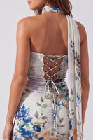 Laden Sie das Bild in den Galerie-Viewer, Trägerloses Elfenbein Florales Bodycon Kurzes Abendkleid mit Schnürung auf dem Rücken