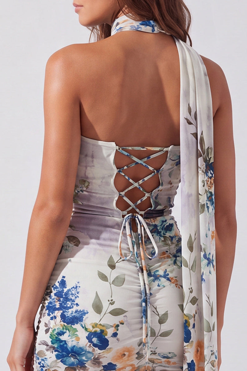 Laden Sie das Bild in den Galerie-Viewer, Trägerloses Elfenbein Florales Bodycon Kurzes Abendkleid mit Schnürung auf dem Rücken