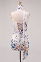 Laden Sie das Bild in den Galerie-Viewer, Trägerloses Elfenbein Florales Bodycon Kurzes Abendkleid mit Schnürung auf dem Rücken