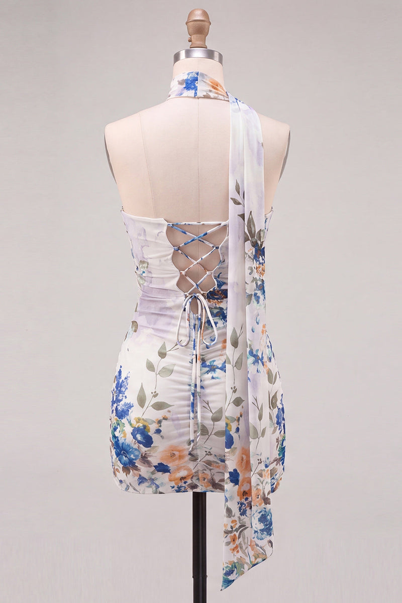 Laden Sie das Bild in den Galerie-Viewer, Trägerloses Elfenbein Florales Bodycon Kurzes Abendkleid mit Schnürung auf dem Rücken