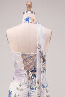 Laden Sie das Bild in den Galerie-Viewer, Trägerloses Elfenbein Florales Bodycon Kurzes Abendkleid mit Schnürung auf dem Rücken