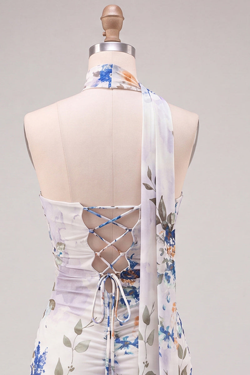 Laden Sie das Bild in den Galerie-Viewer, Trägerloses Elfenbein Florales Bodycon Kurzes Abendkleid mit Schnürung auf dem Rücken