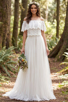 Laden Sie das Bild in den Galerie-Viewer, Off-the-shoulder Elfenbein A-Linie Langes Tüll Hochzeitskleid