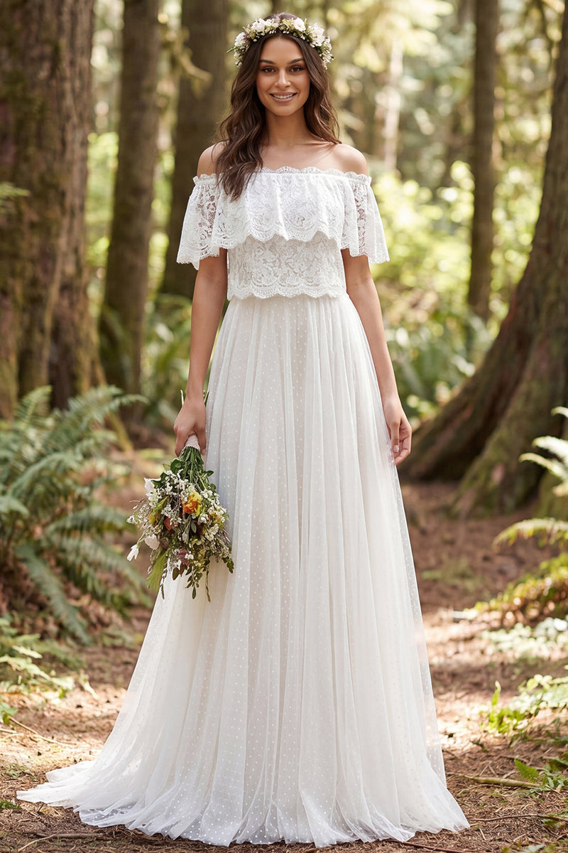 Laden Sie das Bild in den Galerie-Viewer, Off-the-shoulder Elfenbein A-Linie Langes Tüll Hochzeitskleid