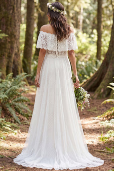 Off-the-shoulder Elfenbein A-Linie Langes Tüll Hochzeitskleid