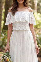 Laden Sie das Bild in den Galerie-Viewer, Off-the-shoulder Elfenbein A-Linie Langes Tüll Hochzeitskleid