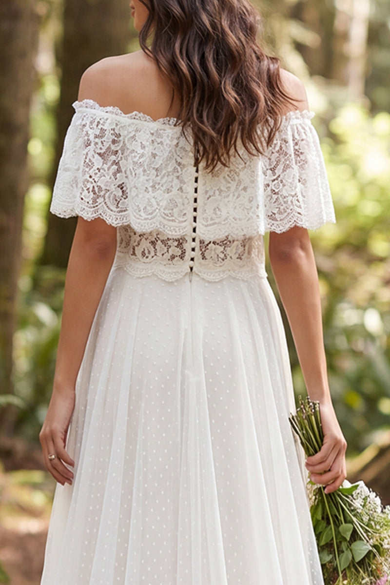 Laden Sie das Bild in den Galerie-Viewer, Off-the-shoulder Elfenbein A-Linie Langes Tüll Hochzeitskleid