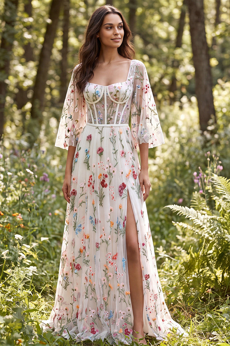 Laden Sie das Bild in den Galerie-Viewer, A-Linie Elfenbein Florales Transparentes Korsett Langes Hochzeitskleid mit Schlitz