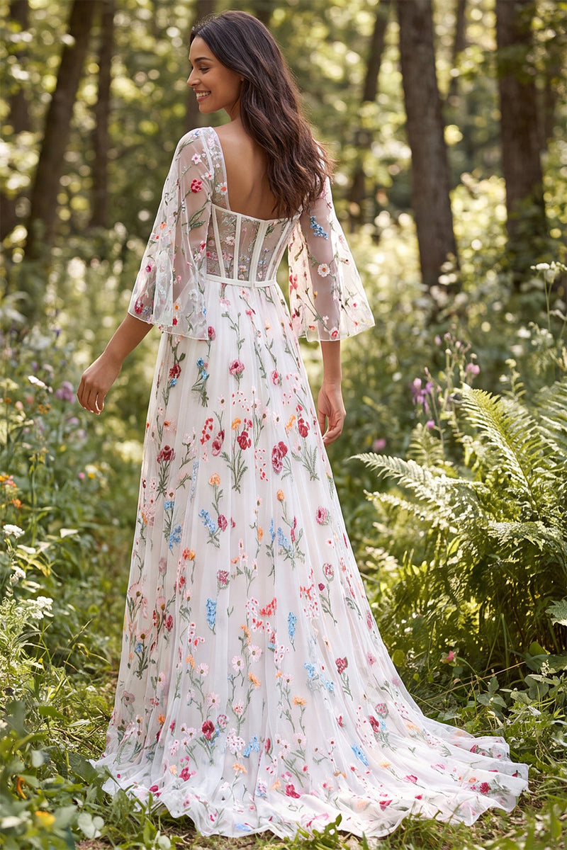 Laden Sie das Bild in den Galerie-Viewer, A-Linie Elfenbein Florales Transparentes Korsett Langes Hochzeitskleid mit Schlitz