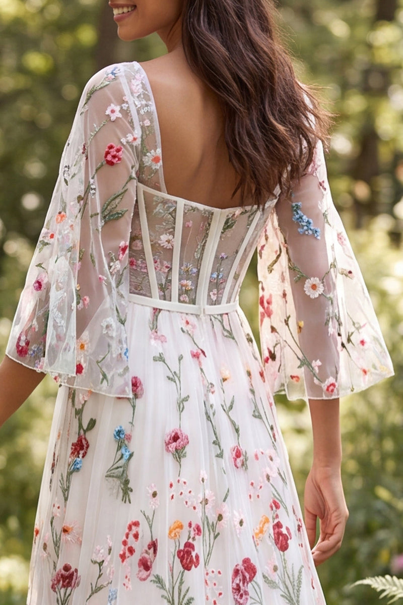 Laden Sie das Bild in den Galerie-Viewer, A-Linie Elfenbein Florales Transparentes Korsett Langes Hochzeitskleid mit Schlitz