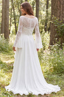 Laden Sie das Bild in den Galerie-Viewer, Elfenbein Chiffon Brautkleid mit Rüschen und langen Ärmeln und Schlitz