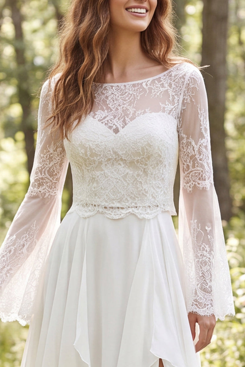 Laden Sie das Bild in den Galerie-Viewer, Elfenbein Chiffon Brautkleid mit Rüschen und langen Ärmeln und Schlitz