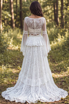 Elfenbein A-Linie Bateau-Ausschnitt Brautkleid mit Rüschen und Schlitz