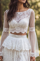 Laden Sie das Bild in den Galerie-Viewer, Elfenbein A-Linie Bateau-Ausschnitt Brautkleid mit Rüschen und Schlitz