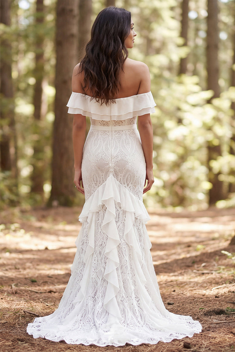 Laden Sie das Bild in den Galerie-Viewer, Off-the-shoulder Elfenbein Spitze Meerjungfrauen Langes Hochzeitskleid mit Rüschenschlitz