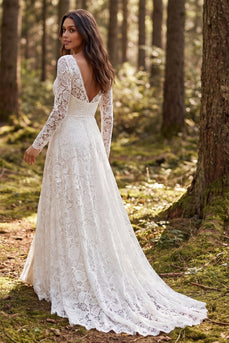 Ivory Spitze A-Line Langarmiges Hochzeitskleid mit Schlitz