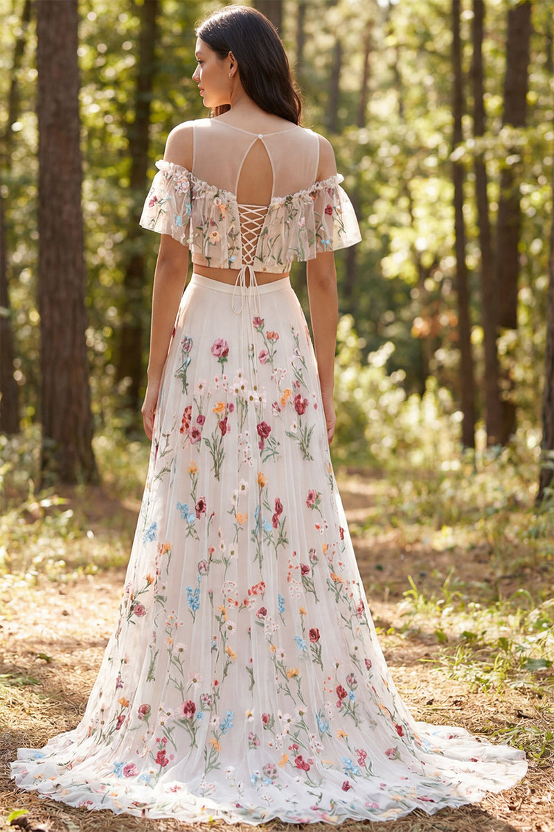 Laden Sie das Bild in den Galerie-Viewer, Elfenbein Zweiteiliges A-Linie Floral Illusions-Hals Langes Hochzeitskleid mit Schlitz