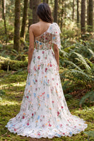 Laden Sie das Bild in den Galerie-Viewer, Einschulter Elfenbein Blumen A-Linie Langes Hochzeitskleid mit Schlitz
