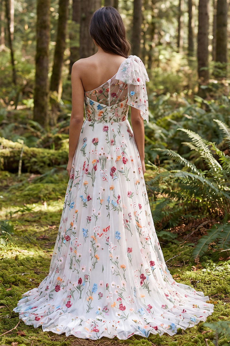 Laden Sie das Bild in den Galerie-Viewer, Einschulter Elfenbein Blumen A-Linie Langes Hochzeitskleid mit Schlitz