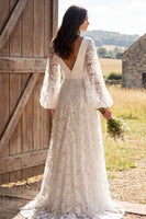 Laden Sie das Bild in den Galerie-Viewer, Elfenbein Blumen Brautkleid mit V-Ausschnitt und langen Ärmeln