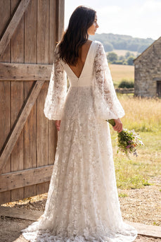 Elfenbein Blumen Brautkleid mit V-Ausschnitt und langen Ärmeln