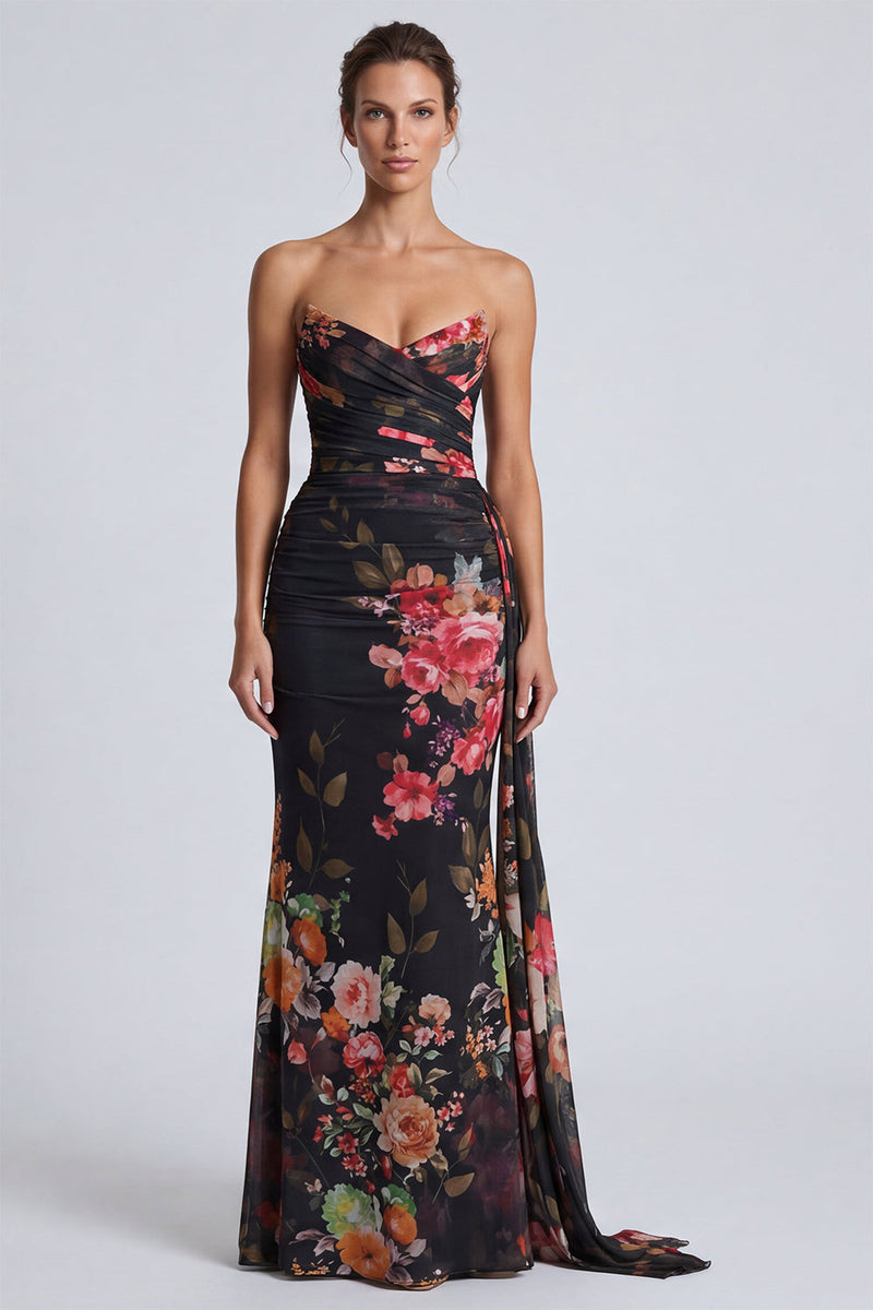 Laden Sie das Bild in den Galerie-Viewer, Schwarzes Trägerloses Meerjungfrauen Gerafftes Langes Festliches Kleid mit Blumenmuster und Schärpe