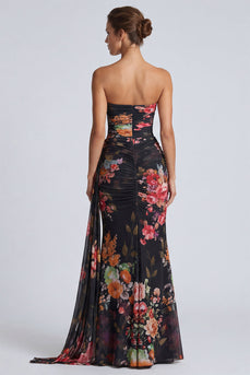 Schwarzes Trägerloses Meerjungfrauen Gerafftes Langes Festliches Kleid mit Blumenmuster und Schärpe