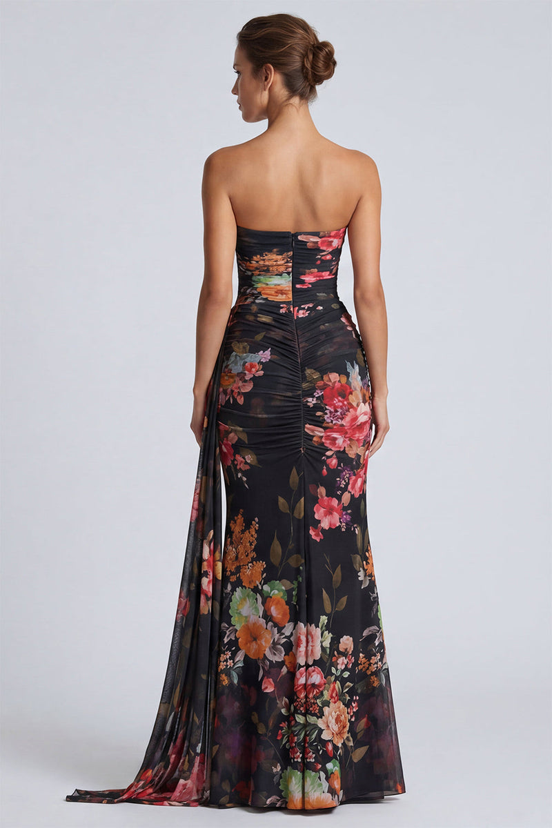 Laden Sie das Bild in den Galerie-Viewer, Schwarzes Trägerloses Meerjungfrauen Gerafftes Langes Festliches Kleid mit Blumenmuster und Schärpe