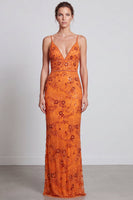 Laden Sie das Bild in den Galerie-Viewer, Meerjungfrau Orange Blumen Pailletten Spaghettiträger Langes Festkleid