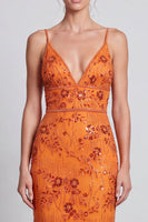 Laden Sie das Bild in den Galerie-Viewer, Meerjungfrau Orange Blumen Pailletten Spaghettiträger Langes Festkleid