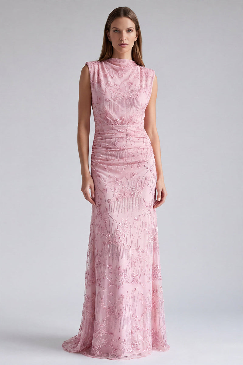 Laden Sie das Bild in den Galerie-Viewer, Rosa Meerjungfrauen Pailletten Geblümtes Langes Festkleid