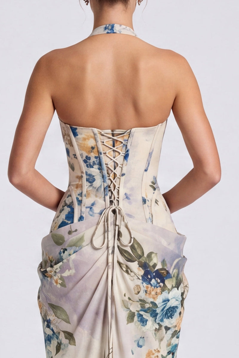 Laden Sie das Bild in den Galerie-Viewer, Elfenbein Neckholderhals Meerjungfrauen Korsett Langes Festkleid mit Schlitz