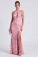 Laden Sie das Bild in den Galerie-Viewer, Rosa Neckholder Meerjungfrauen Floral Langes Festkleid mit Schlitz