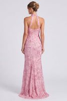 Laden Sie das Bild in den Galerie-Viewer, Rosa Neckholder Meerjungfrauen Floral Langes Festkleid mit Schlitz