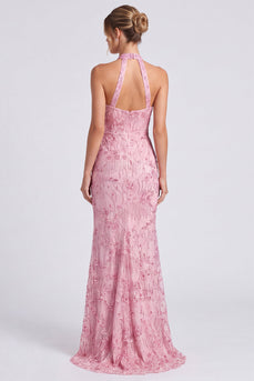 Rosa Neckholder Meerjungfrauen Floral Langes Festkleid mit Schlitz
