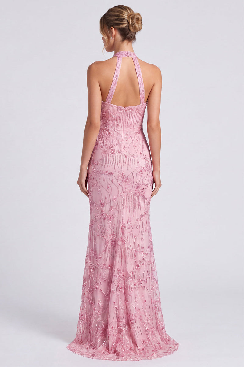 Laden Sie das Bild in den Galerie-Viewer, Rosa Neckholder Meerjungfrauen Floral Langes Festkleid mit Schlitz