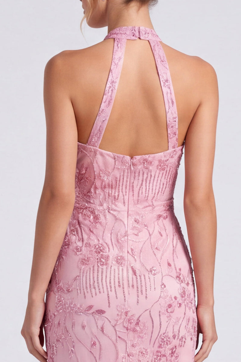 Laden Sie das Bild in den Galerie-Viewer, Rosa Neckholder Meerjungfrauen Floral Langes Festkleid mit Schlitz
