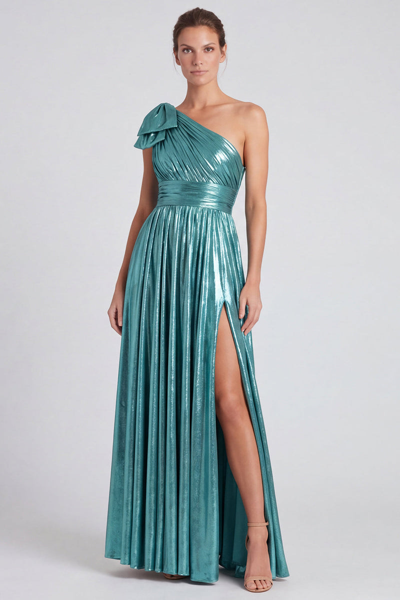Laden Sie das Bild in den Galerie-Viewer, Goldenes Metallisches Einschulteriges A-linie Förmiges Schleifen Langes Festkleid mit Schlitz