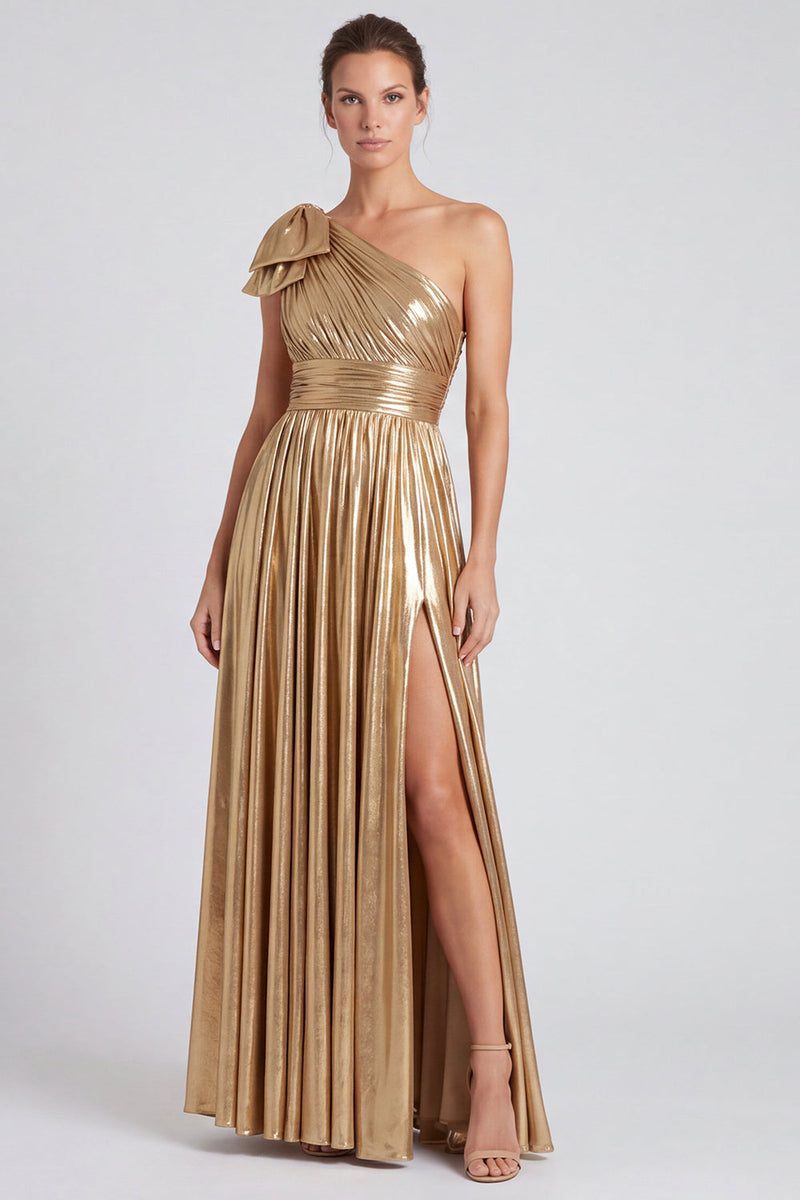 Laden Sie das Bild in den Galerie-Viewer, Goldenes Metallisches Einschulteriges A-linie Förmiges Schleifen Langes Festkleid mit Schlitz