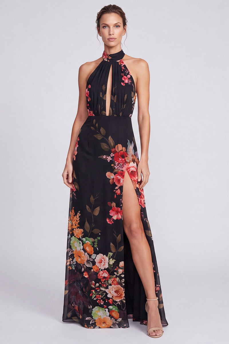 Laden Sie das Bild in den Galerie-Viewer, Halterhals Schwarzes Meerjungfrauen Chiffon Langes Festliches Kleid mit Schlitz