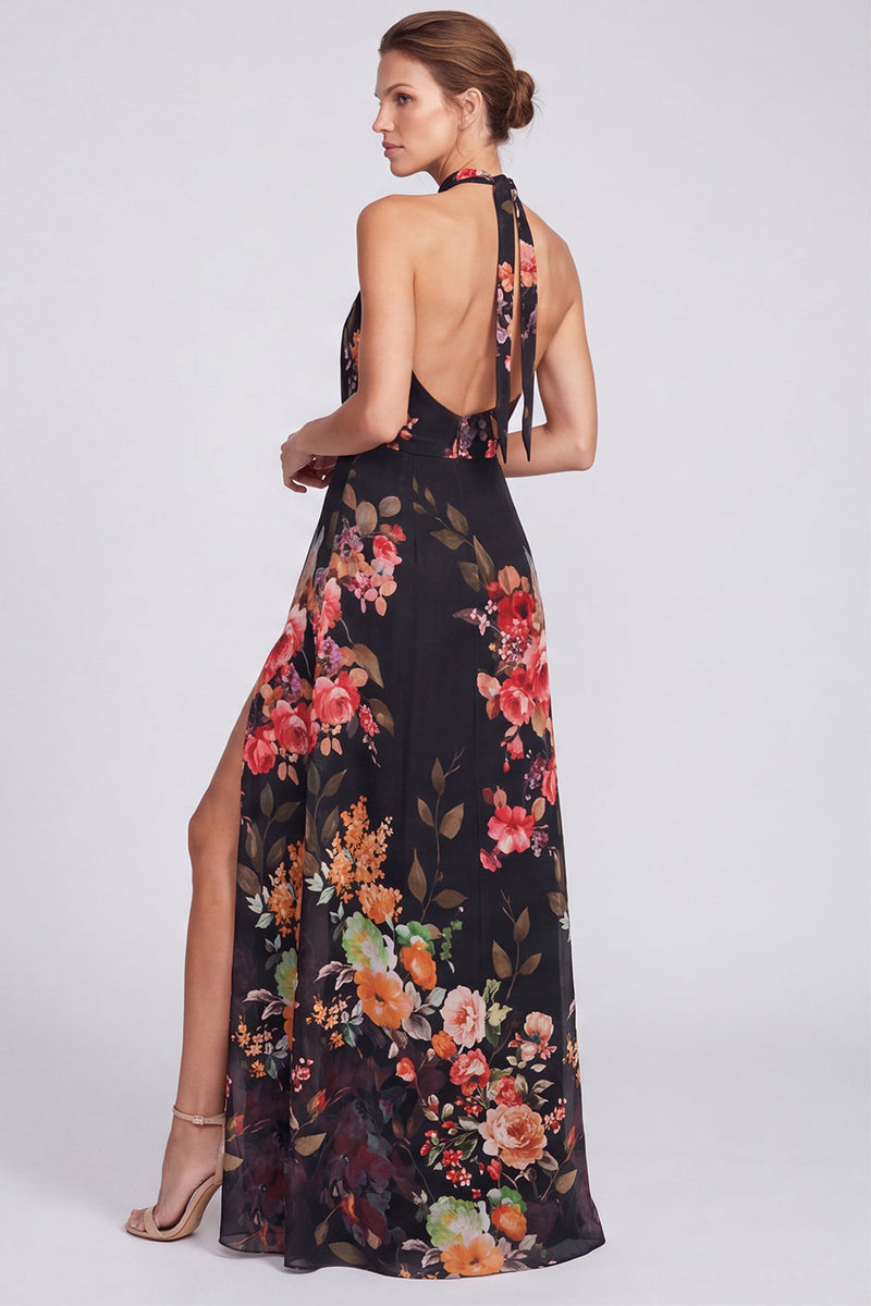 Laden Sie das Bild in den Galerie-Viewer, Halterhals Schwarzes Meerjungfrauen Chiffon Langes Festliches Kleid mit Schlitz