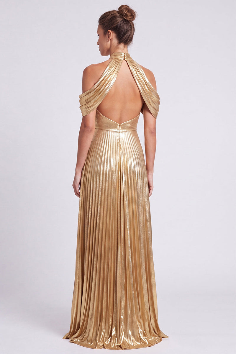 Laden Sie das Bild in den Galerie-Viewer, Metallisches Goldenes Neckholderhals Plissiertes A-Linie Langes Festliches Kleid mit Schlitz