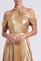 Laden Sie das Bild in den Galerie-Viewer, Metallisches Goldenes Neckholderhals Plissiertes A-Linie Langes Festliches Kleid mit Schlitz