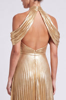 Laden Sie das Bild in den Galerie-Viewer, Metallisches Goldenes Neckholderhals Plissiertes A-Linie Langes Festliches Kleid mit Schlitz